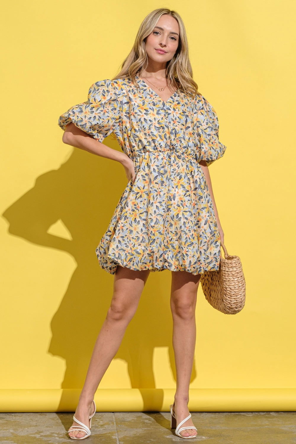 And The Why Floral Surplice Puff Sleeve Dress us.meeeshop - Dresses