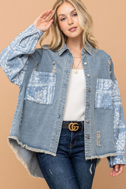 And The Why Full Size Paisley Print Quilted Sleeves Denim Jacket us.meeeshop - Coats & Jackets