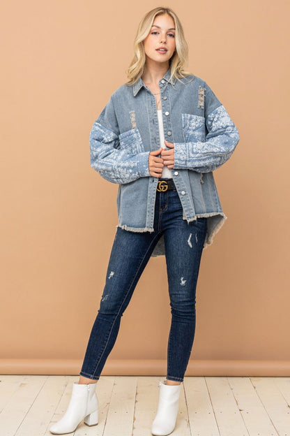 And The Why Full Size Paisley Print Quilted Sleeves Denim Jacket us.meeeshop - 