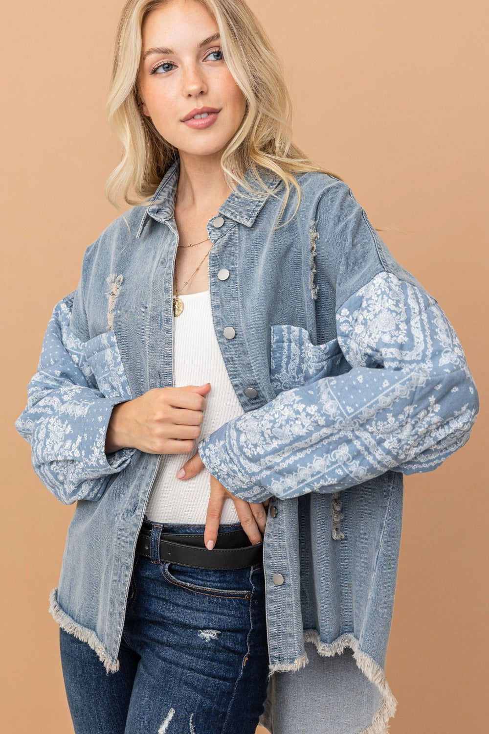 And The Why Full Size Paisley Print Quilted Sleeves Denim Jacket us.meeeshop - 