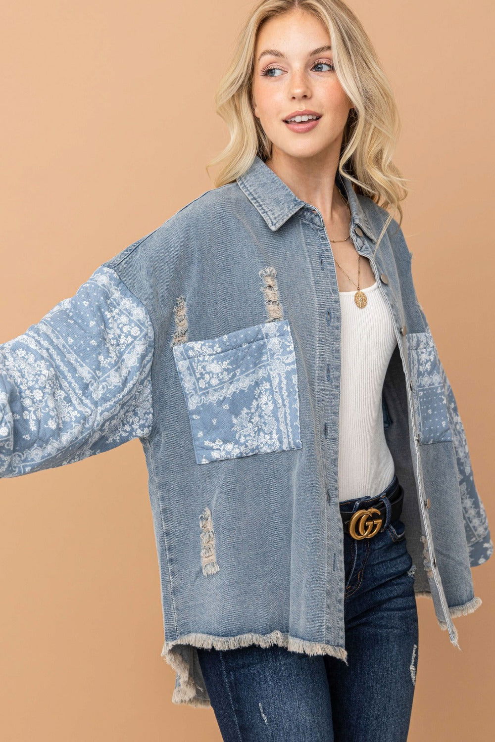 And The Why Full Size Paisley Print Quilted Sleeves Denim Jacket us.meeeshop - 