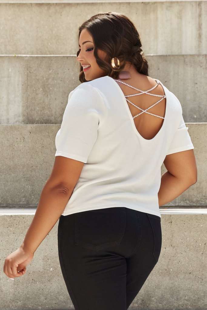 And The Why | Pearly White Full Size Criss Cross Pearl Detail Open Back T-Shirt | us.meeeshop