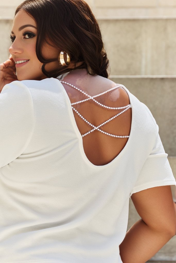 And The Why | Pearly White Full Size Criss Cross Pearl Detail Open Back T-Shirt | us.meeeshop