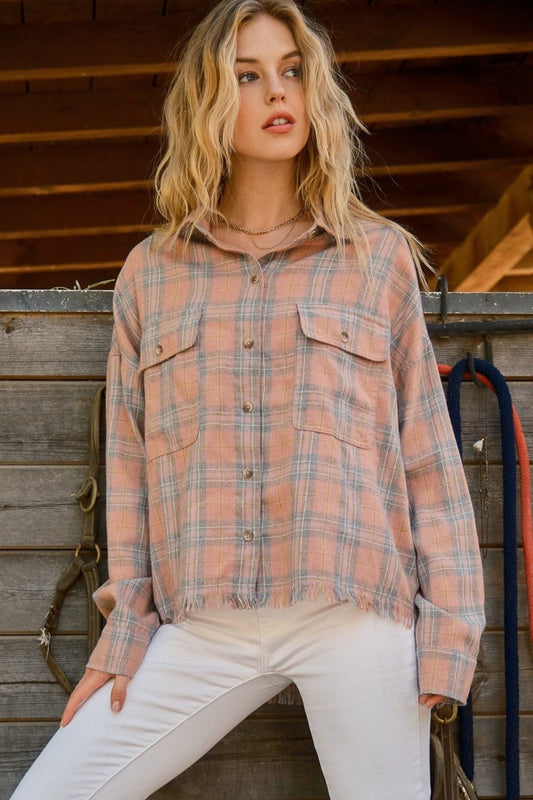 And The Why Women's Plaid Button Up Raw Hem Shirt us.meeeshop - Shirts & Tops