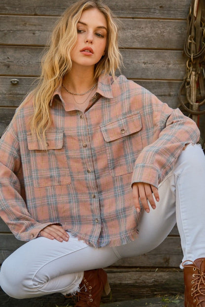 And The Why Women's Plaid Button Up Raw Hem Shirt us.meeeshop - 