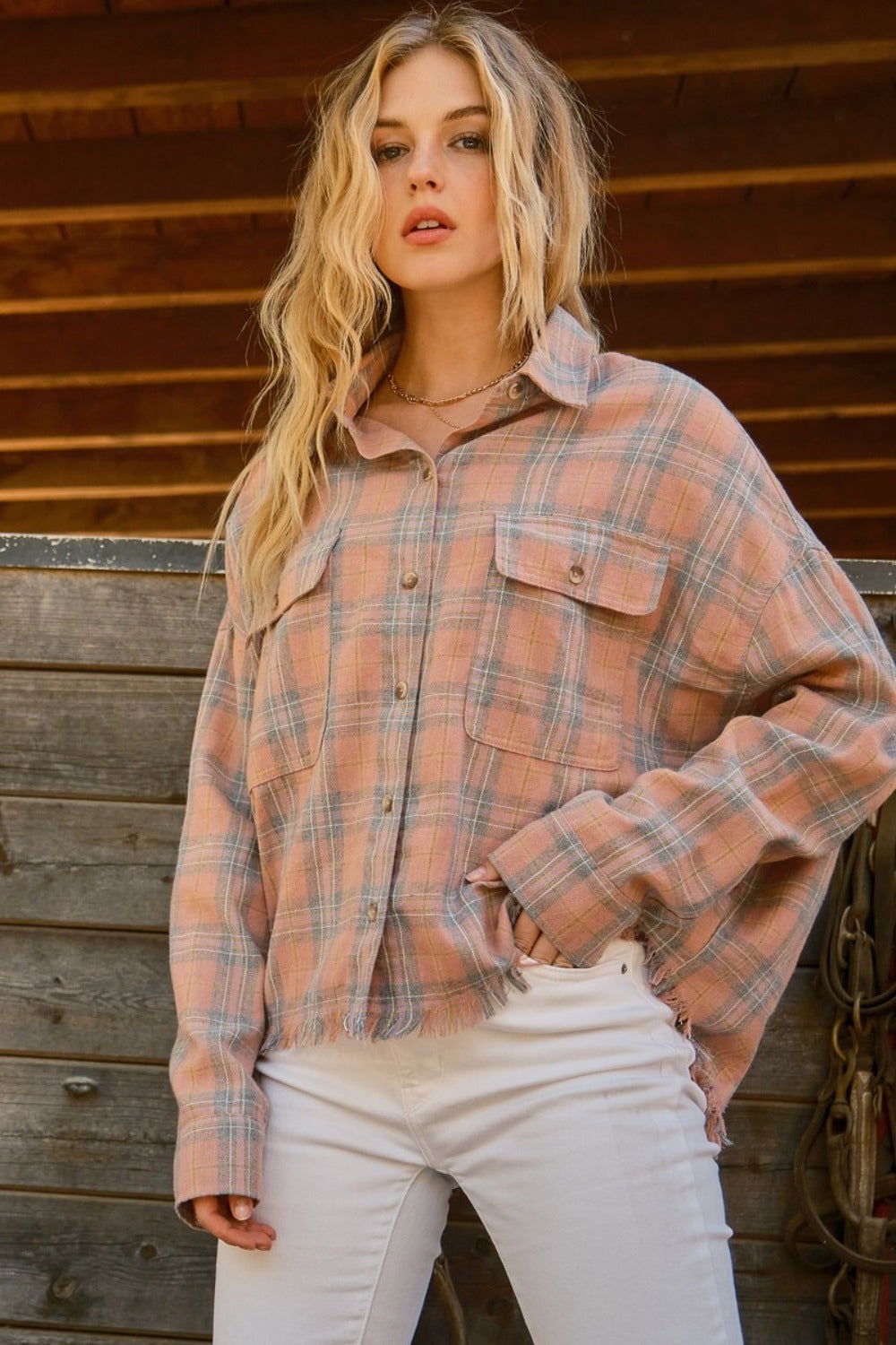 And The Why Women's Plaid Button Up Raw Hem Shirt us.meeeshop - 