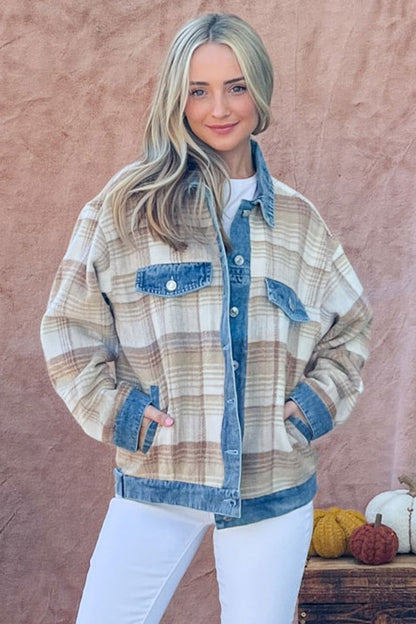 And The Why Women's Washed Denim Detail Brushed Plaid Jacket us.meeeshop - 