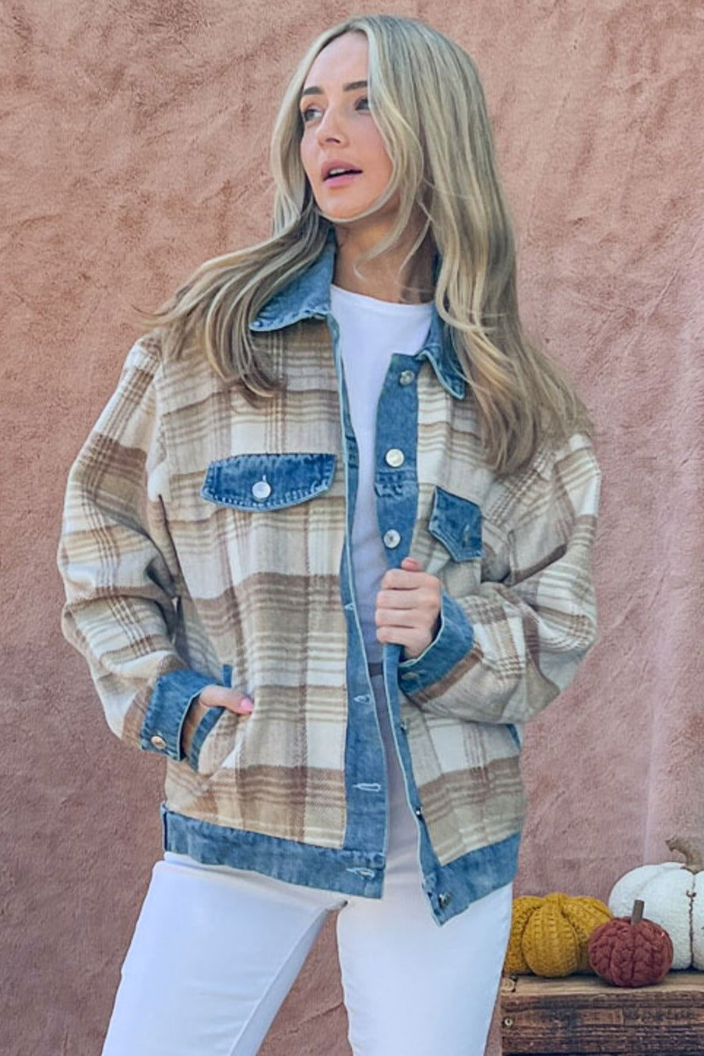 And The Why Women's Washed Denim Detail Brushed Plaid Jacket us.meeeshop - Coats & Jackets