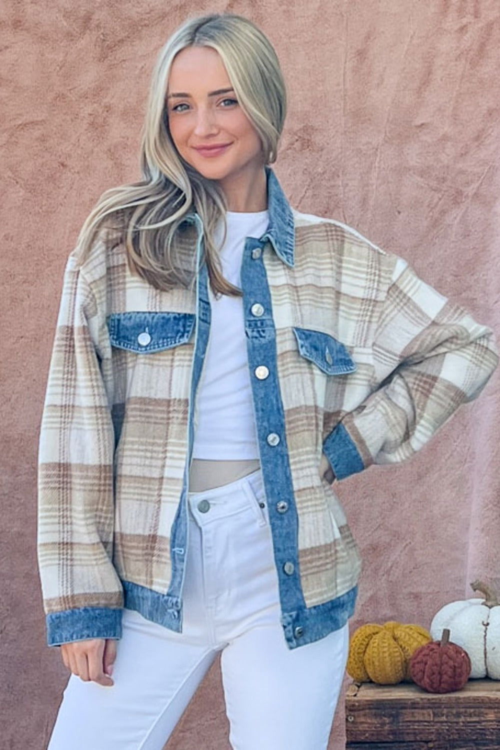 And The Why Women's Washed Denim Detail Brushed Plaid Jacket us.meeeshop - 