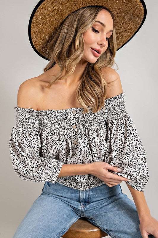 Animal Print Smocked Off The Shoulder Top us.meeeshop - 