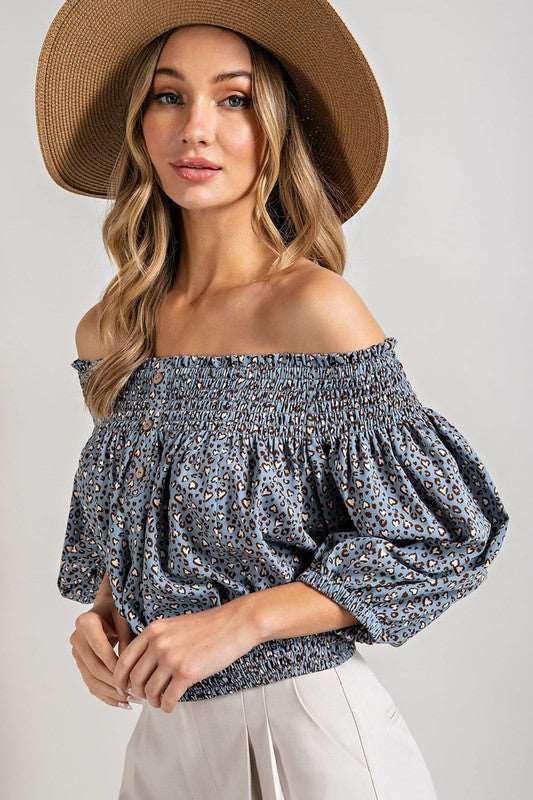 Animal Print Smocked Off The Shoulder Top us.meeeshop - 