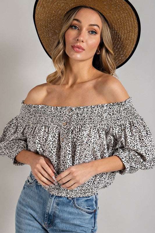 Animal Print Smocked Off The Shoulder Top us.meeeshop - 