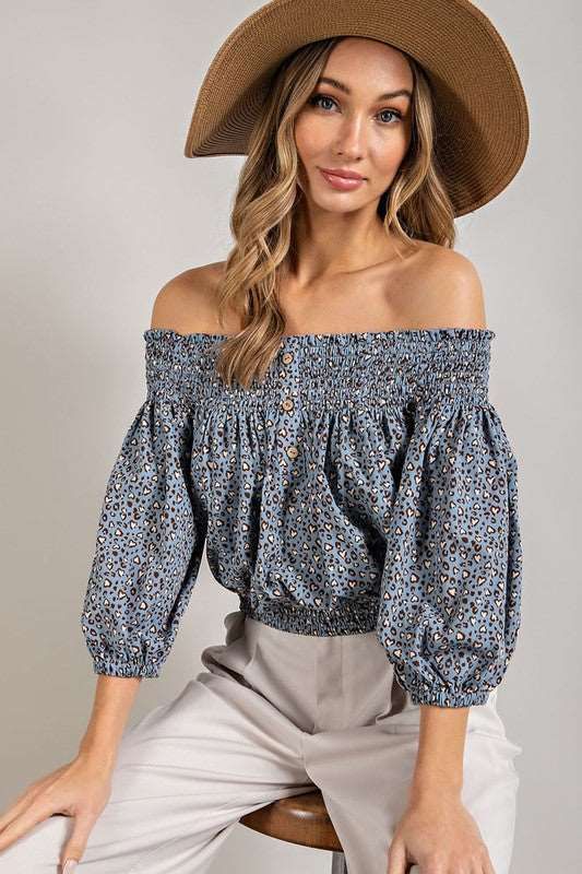 Animal Print Smocked Off The Shoulder Top us.meeeshop - Shirts & Tops