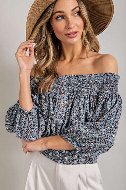 Animal Print Smocked Off The Shoulder Top us.meeeshop - 