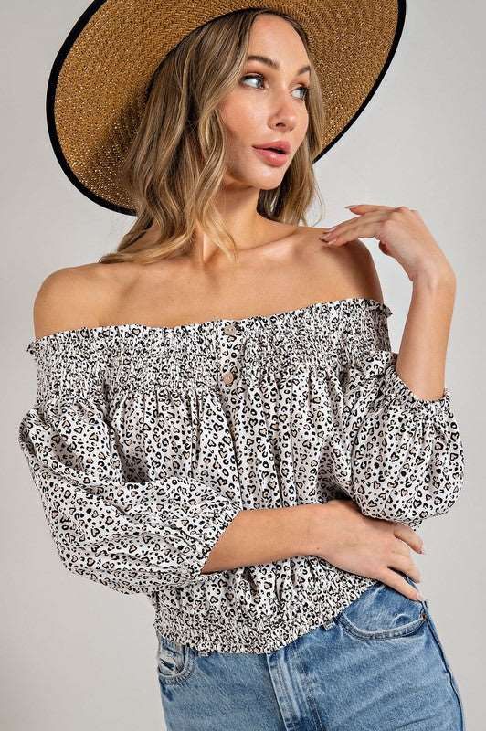 Animal Print Smocked Off The Shoulder Top us.meeeshop - 