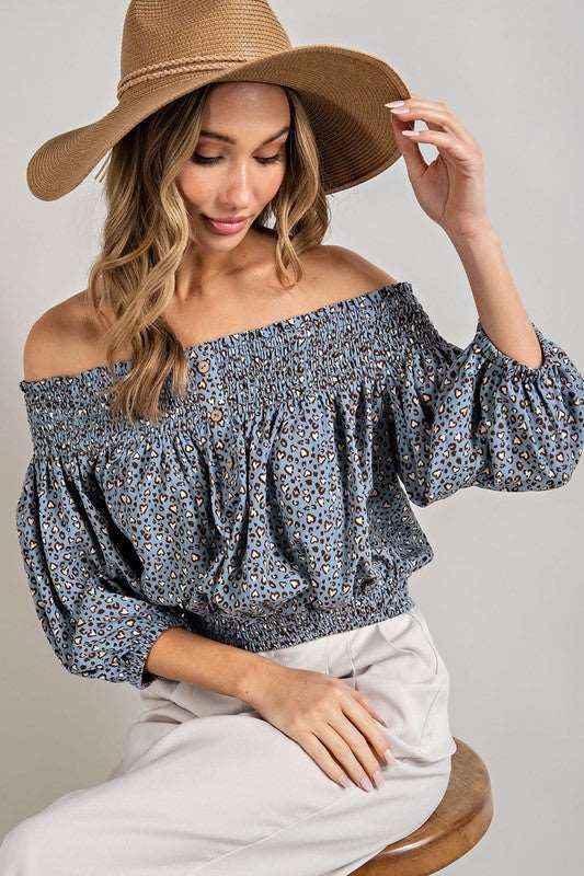 Animal Print Smocked Off The Shoulder Top us.meeeshop - 