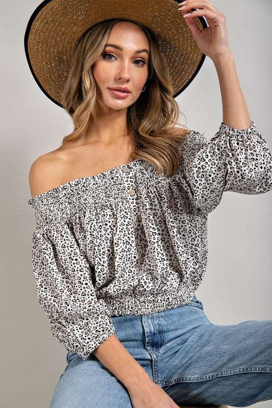 Animal Print Smocked Off The Shoulder Top us.meeeshop - 