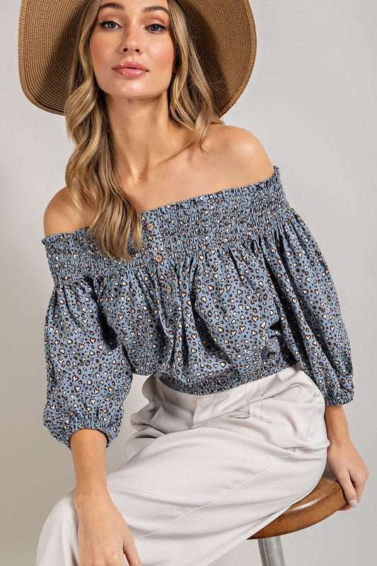 Animal Print Smocked Off The Shoulder Top us.meeeshop - 