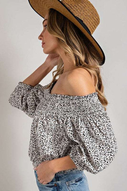 Animal Print Smocked Off The Shoulder Top us.meeeshop - 