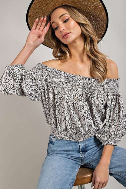 Animal Print Smocked Off The Shoulder Top us.meeeshop - 