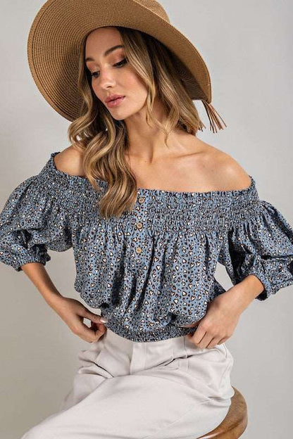 Animal Print Smocked Off The Shoulder Top us.meeeshop - 