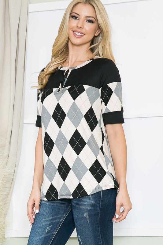 Argyle Print Button Front Jersey Top us.meeeshop - 