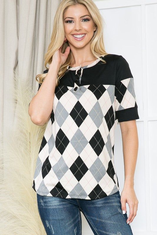 Argyle Print Button Front Jersey Top us.meeeshop - 