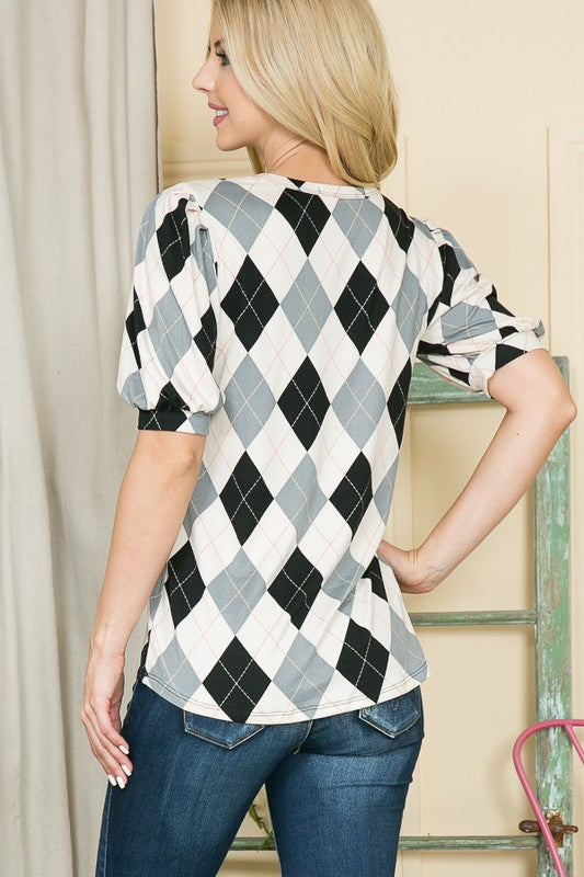 Argyle Print Puff Sleeve Knit Jersey Top | us.meeeshop