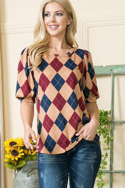 Argyle Print Puff Sleeve Knit Jersey Top | us.meeeshop