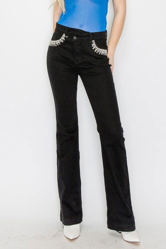 Artemis Vintage Embellished High Rise Cross Over Flare Jeans us.meeeshop - Pants