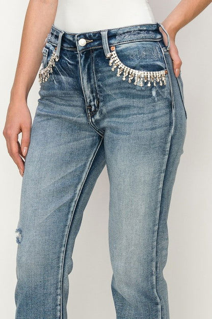 Artemis Vintage High Rise Crystal Embellished Crop Straight Jeans In Medium us.meeeshop - 