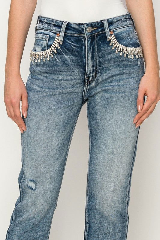 Artemis Vintage High Rise Crystal Embellished Crop Straight Jeans In Medium us.meeeshop - 