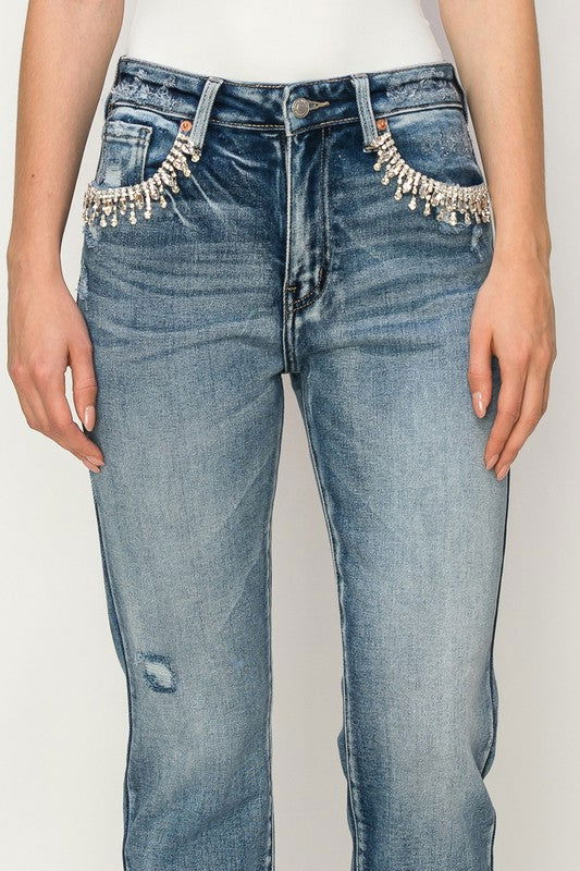 Artemis Vintage High Rise Crystal Embellished Crop Straight Jeans us.meeeshop - Pants