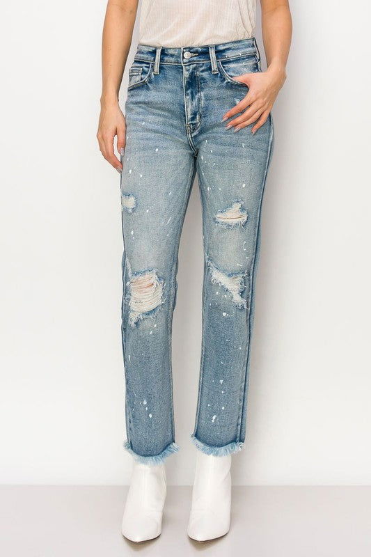 Artemis Vintage High Rise Distressed Straight With Fray Hem Jeans us.meeeshop - Pants