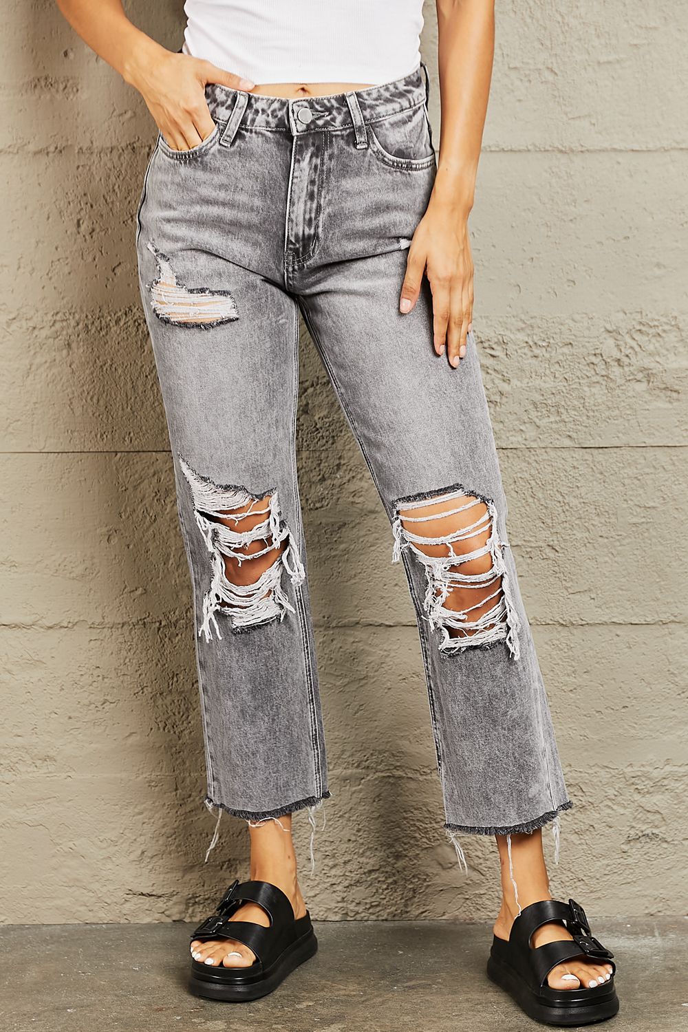 BAYEAS Acid Wash Distressed Cropped Straight Jeans | us.meeeshop