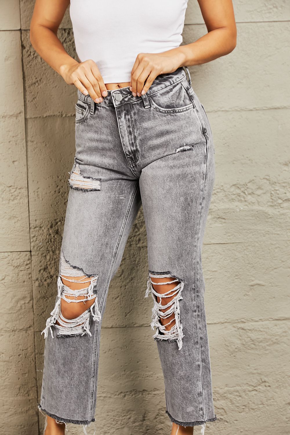 BAYEAS Acid Wash Distressed Cropped Straight Jeans | us.meeeshop