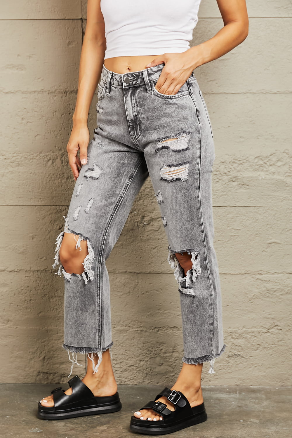BAYEAS Acid Wash Distressed Straight Jeans | us.meeeshop