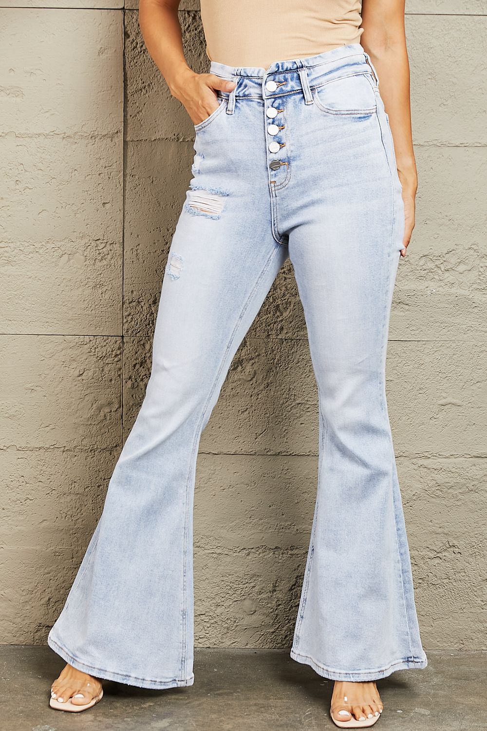 BAYEAS High Waisted Button Fly Flare Jeans | us.meeeshop
