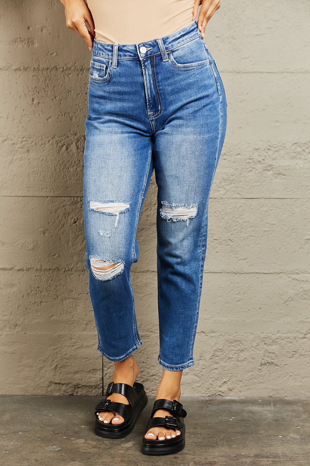 BAYEAS High Waisted Cropped Dad Jeans | us.meeeshop
