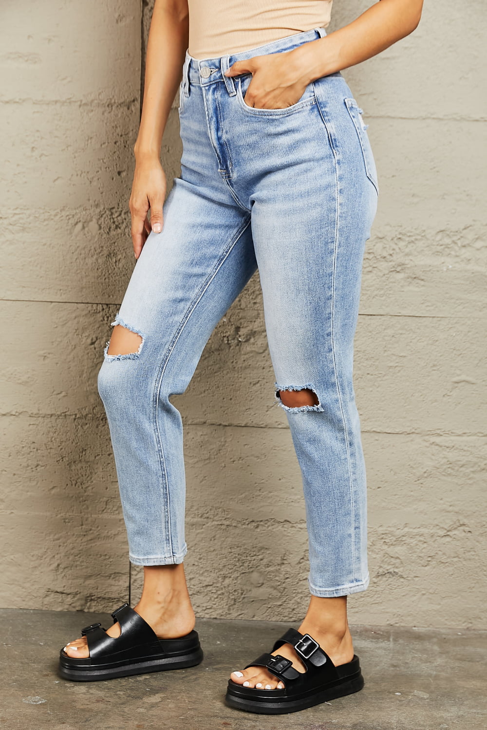 BAYEAS High Waisted Distressed Slim Cropped Jeans | us.meeeshop