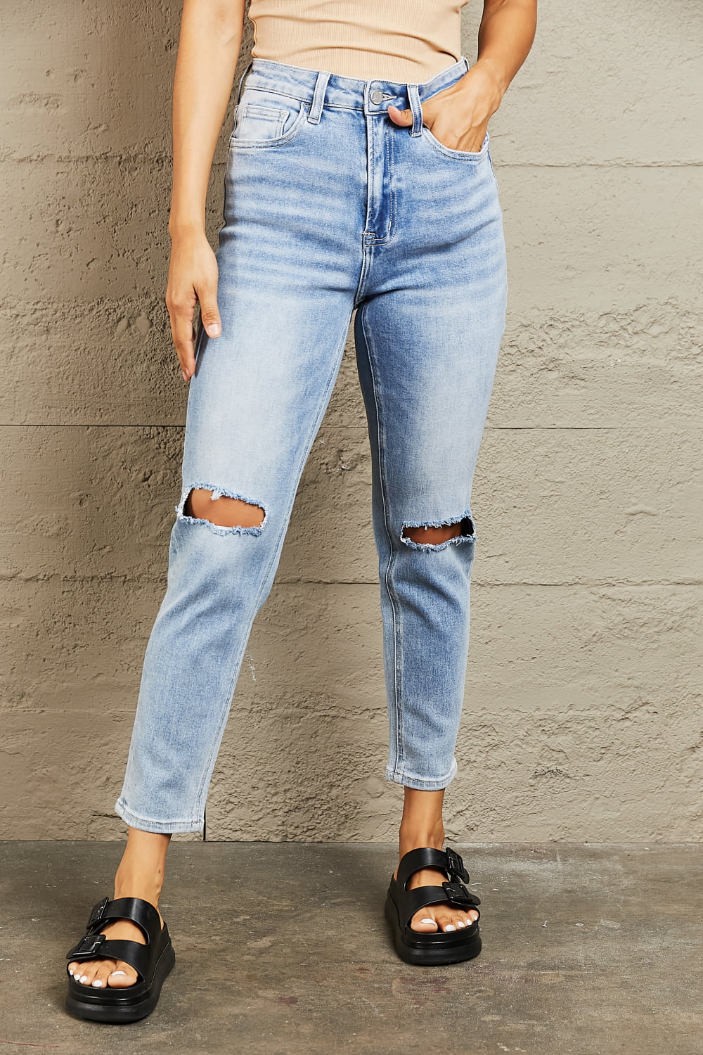 BAYEAS High Waisted Distressed Slim Cropped Jeans | us.meeeshop