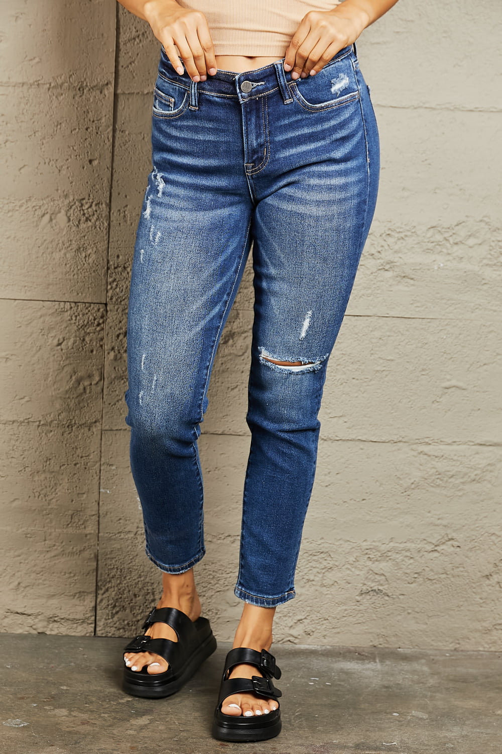 BAYEAS Mid Rise Distressed Slim Jeans | us.meeeshop