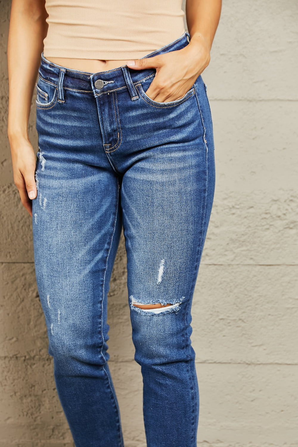 BAYEAS Mid Rise Distressed Slim Jeans | us.meeeshop