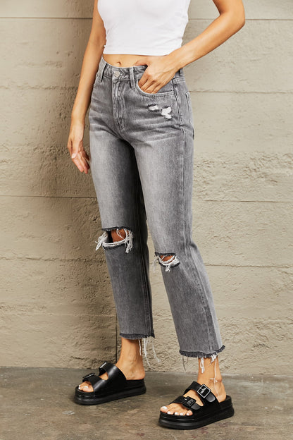 BAYEAS Stone Wash Distressed Cropped Straight Jeans | us.meeeshop