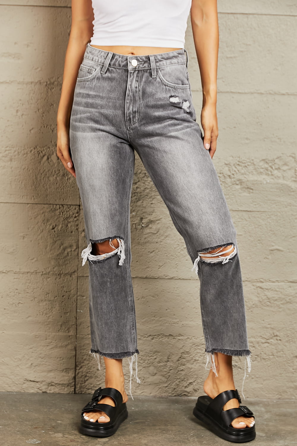 BAYEAS Stone Wash Distressed Cropped Straight Jeans | us.meeeshop