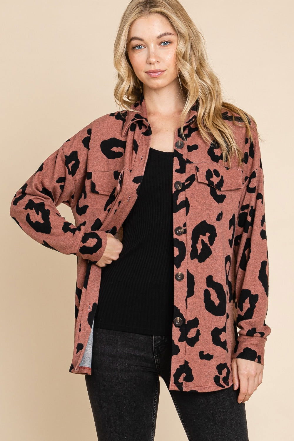 BOMBOM Animal Print Button Up Knit Shacket In Brick us.meeeshop - 