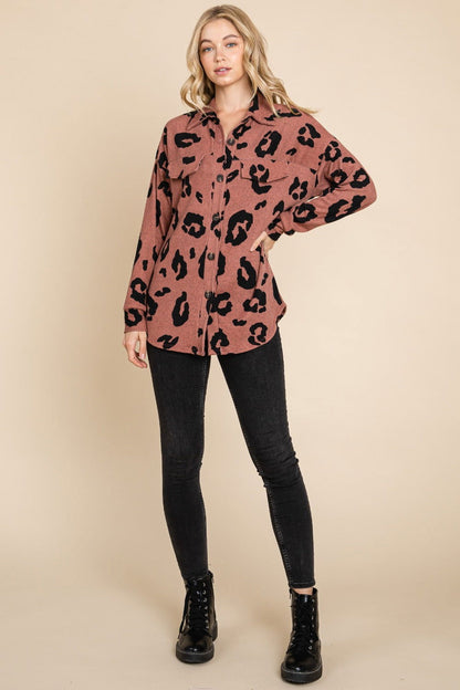 BOMBOM Animal Print Button Up Knit Shacket In Brick us.meeeshop - 