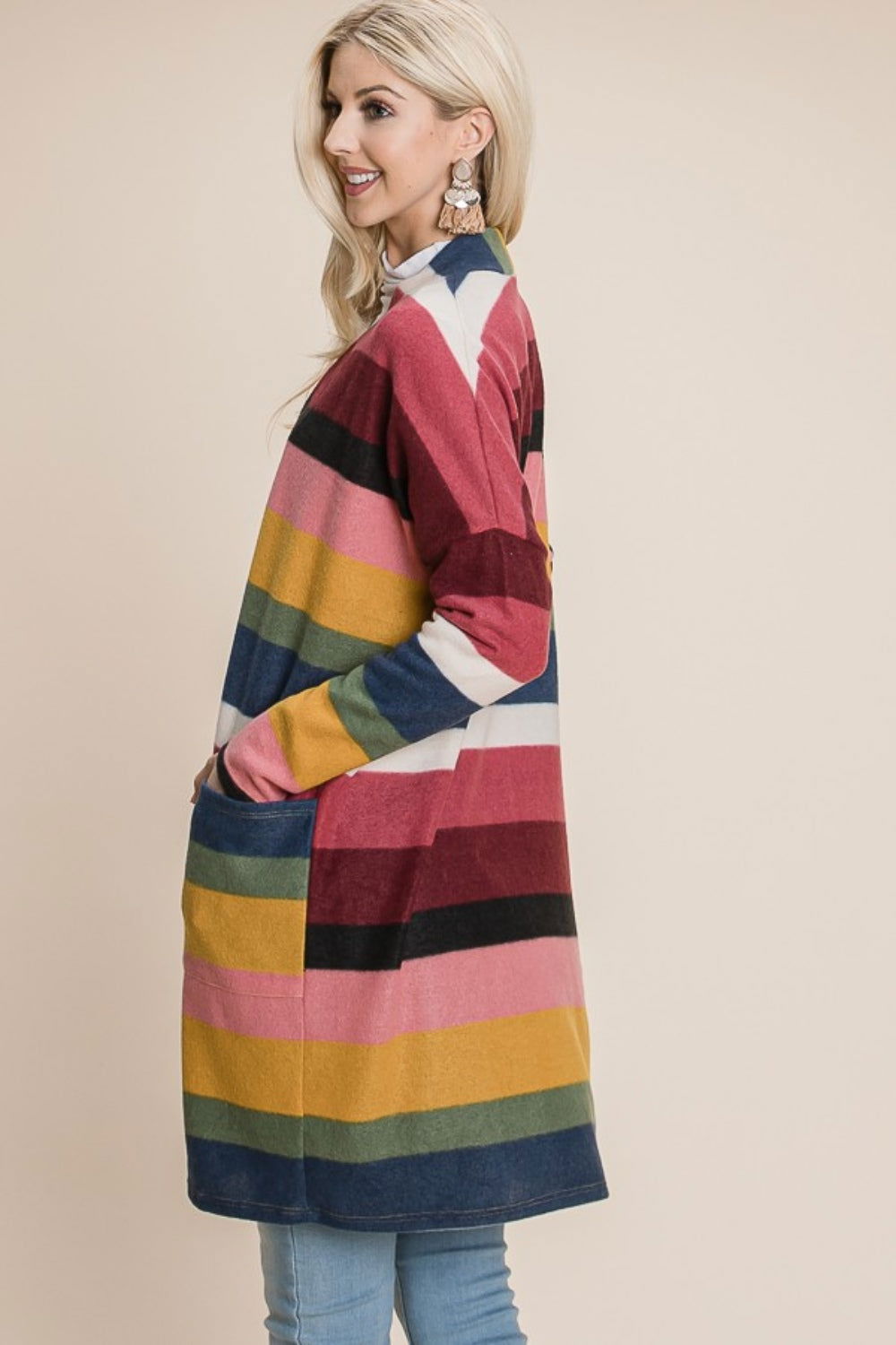 BOMBOM Color Block Striped Open Front Cardigan us.meeeshop - 