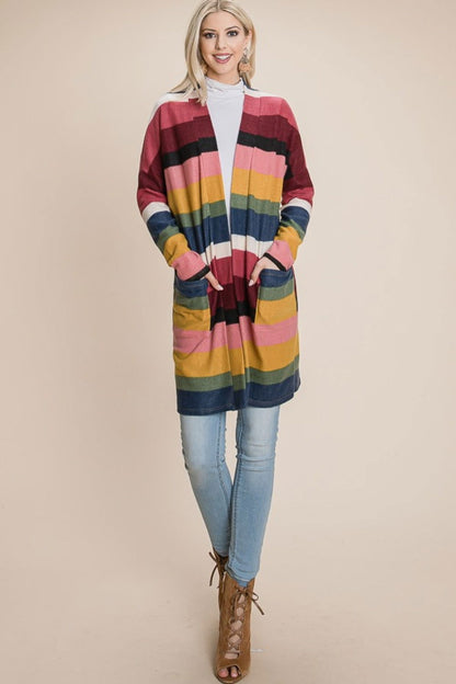 BOMBOM Color Block Striped Open Front Cardigan us.meeeshop - 