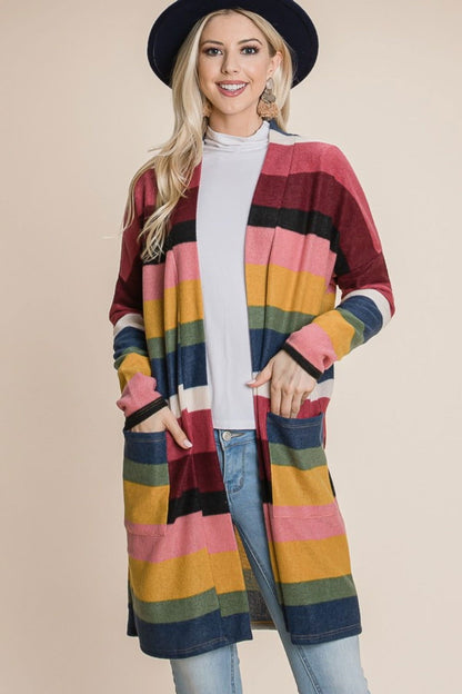 BOMBOM Color Block Striped Open Front Cardigan us.meeeshop - Shirts & Tops